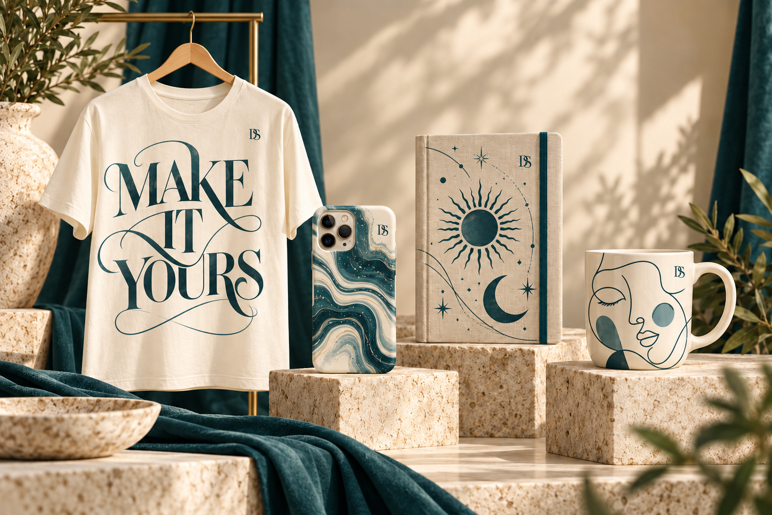 Personalised apparel, journal, phone case and coffee cup