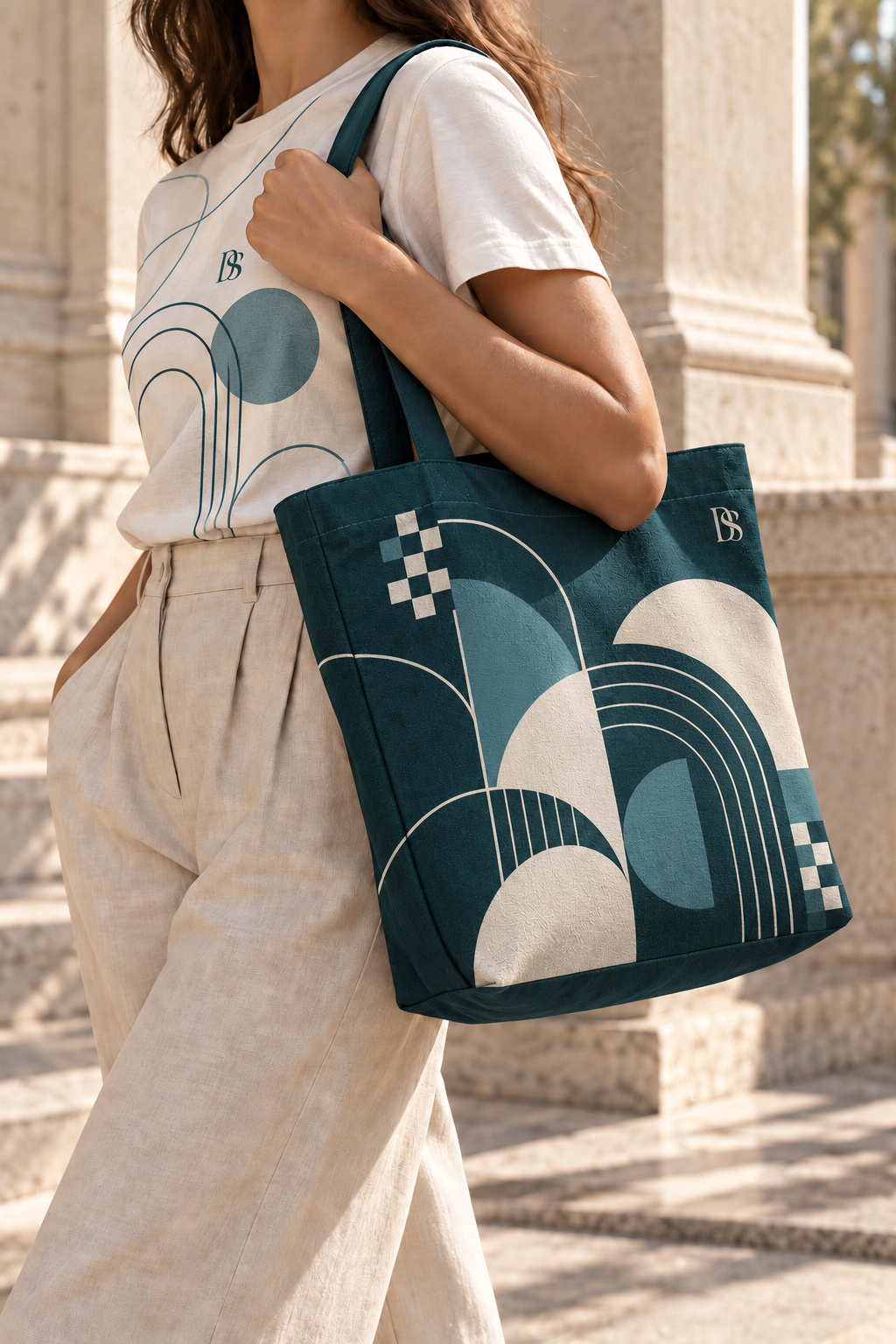 Desnio Sense art tote worn in everyday life